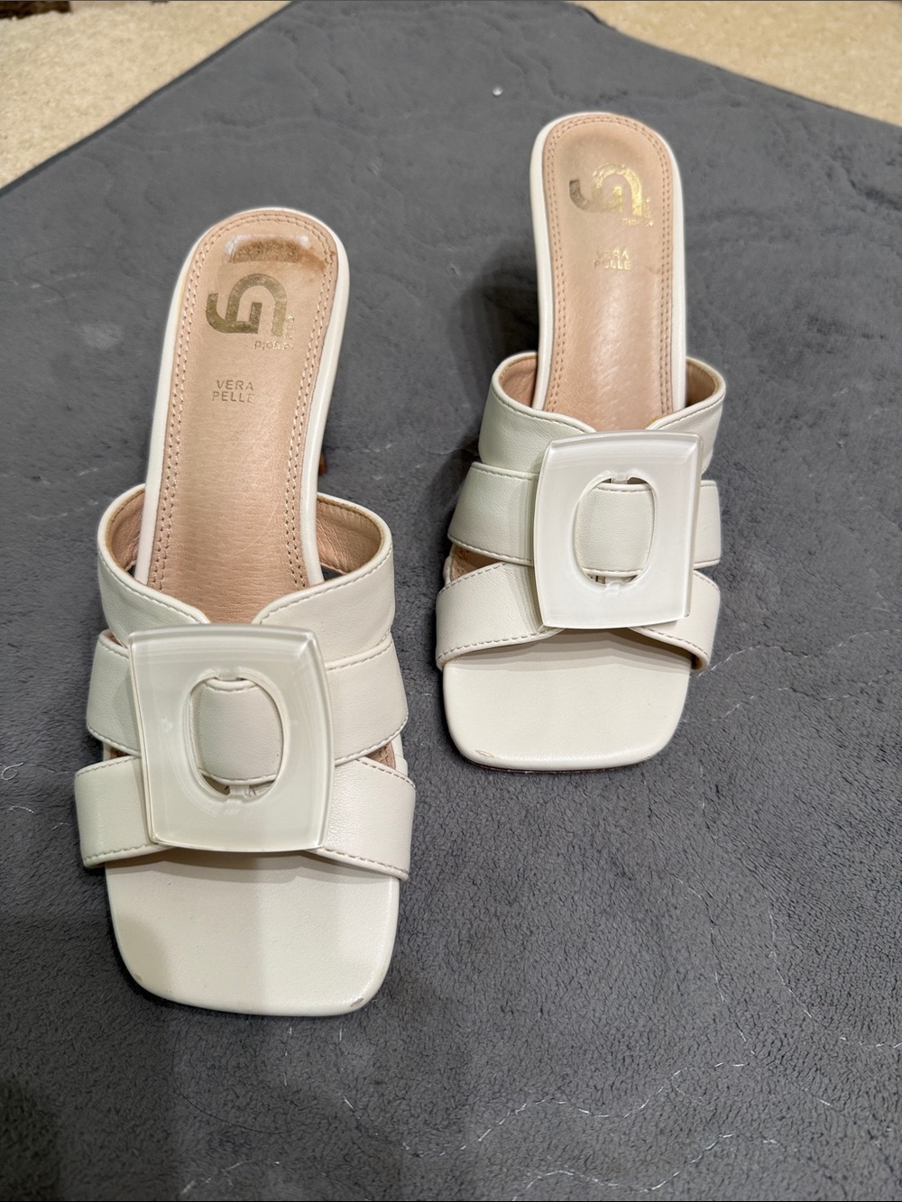 Vera Pelle Cream Slide Mules with Statement Buckle